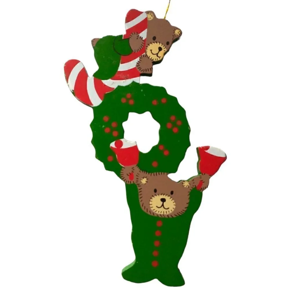 JOY Spell‎ Out Christmas Ornament Folk Art Primitive Die Cut Vintage Wood Bears